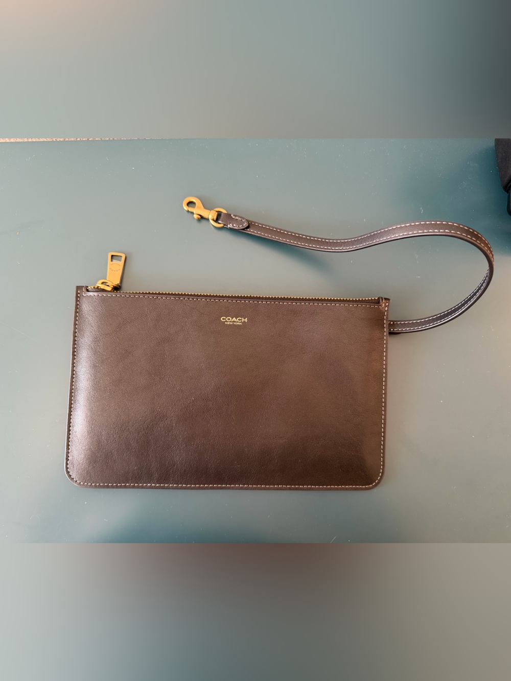 COACH Black Leather Zip Wristlet with Gold Hardware